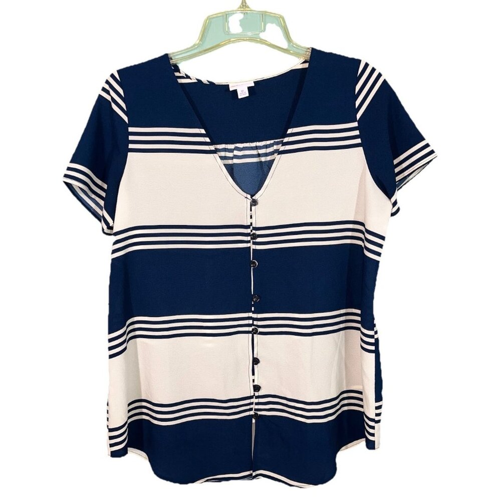 Lularoe Shannah V-neck Button Down Shirt Blouse Top Navy Off White V-neck Sz M